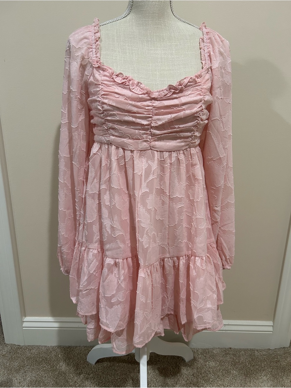 Girls' Pink Ruffle Tiered Long-Sleeve Dress